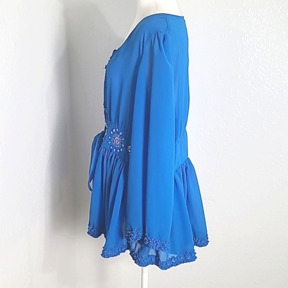 AS HRO Blue Marine Sheer Blouse Rhinestone Buttons & Accents, Small Ruffle, XL - Picture 7 of 11